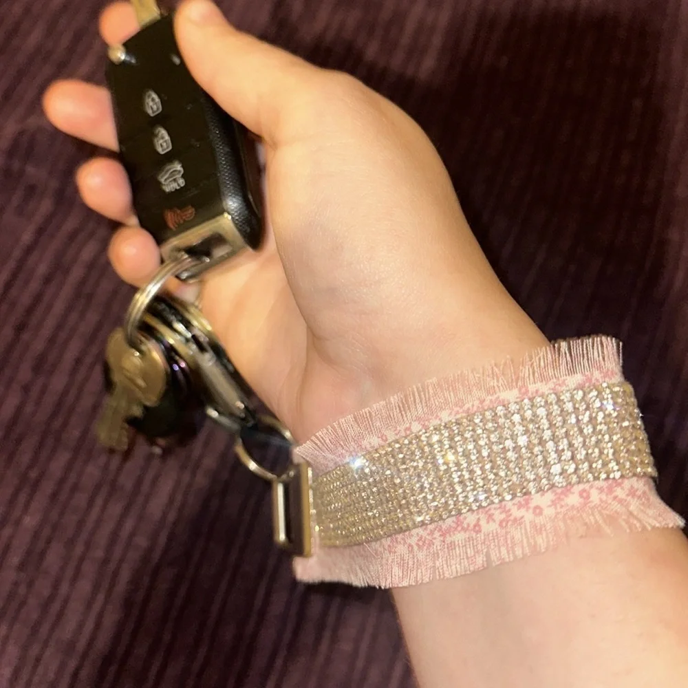 Frayed Rhinestone Wristlet Keychain .